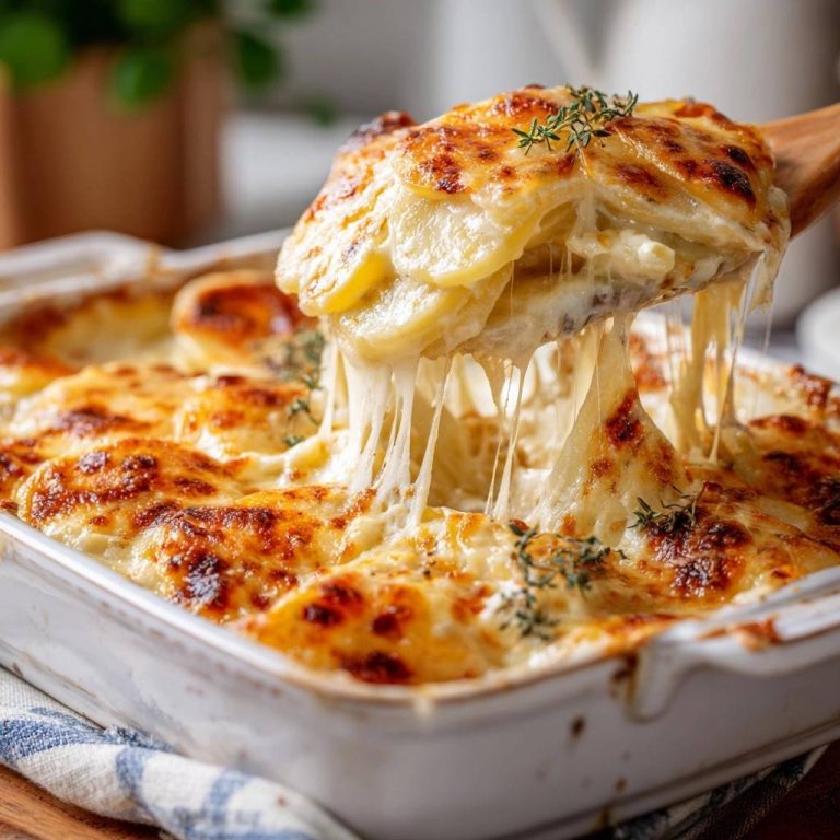 Perfektes Kartoffelgratin mit geschmolzenem Käse, der sich in langen Fäden zieht, in einer Nahaufnahme von der Servierkelle.