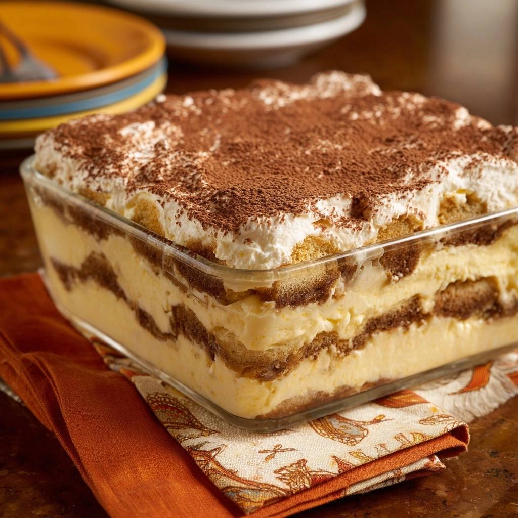 Perfektes Tiramisu in einer Glasschüssel, mit einem detaillierten Querschnitt, der die geschichteten Zutaten zeigt, bedeckt mit Kakaopulver.