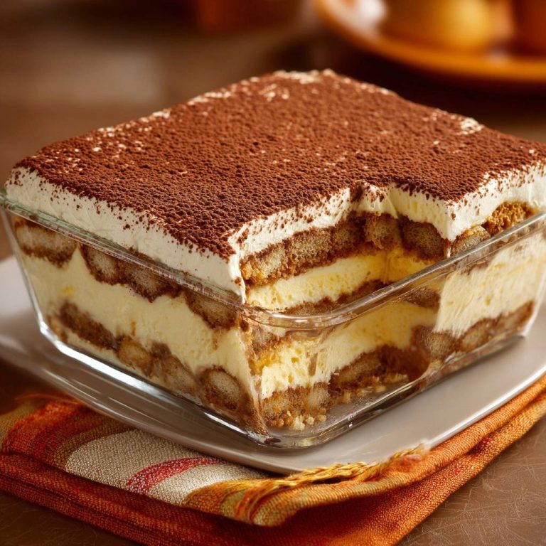 Perfektes Tiramisu mit einer Nahaufnahme des Anschnitts, die die geschichteten Löffelbiskuits und die cremige Füllung zeigt.