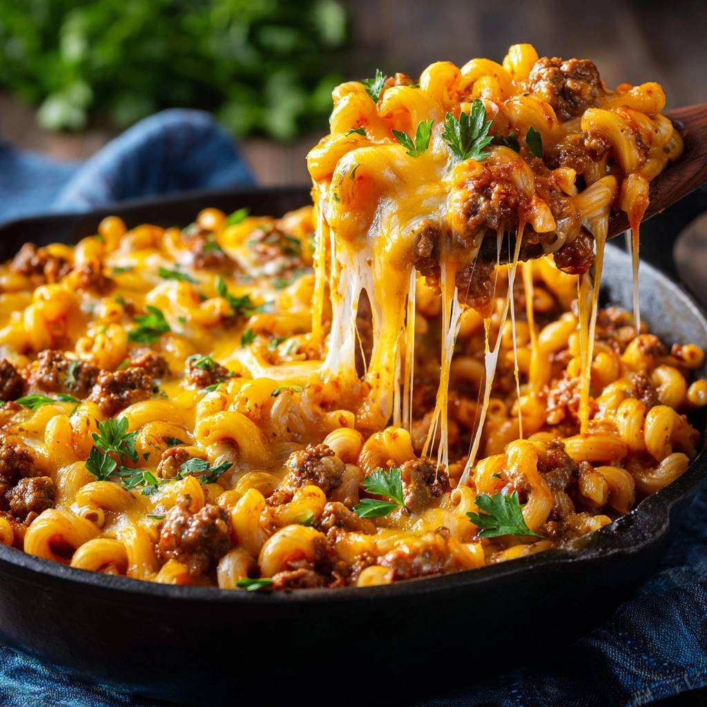 Pfannen Rindfleisch Macaroni Mit Kase Kaesefaden Nahaufnahme 1 Pfannen-Rindfleisch-Macaroni mit Käse zeigt eine Nahaufnahme mit Käsefäden, die sich vom Löffel ziehen und zum Gericht zurückkehren.