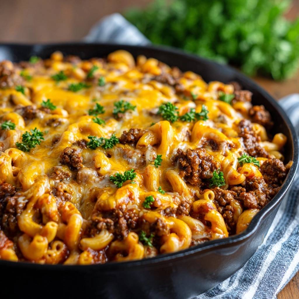 Pfannen-Rindfleisch-Macaroni mit Käse in Nahaufnahme, garniert mit frischer Petersilie, in einer gusseisernen Pfanne serviert.
