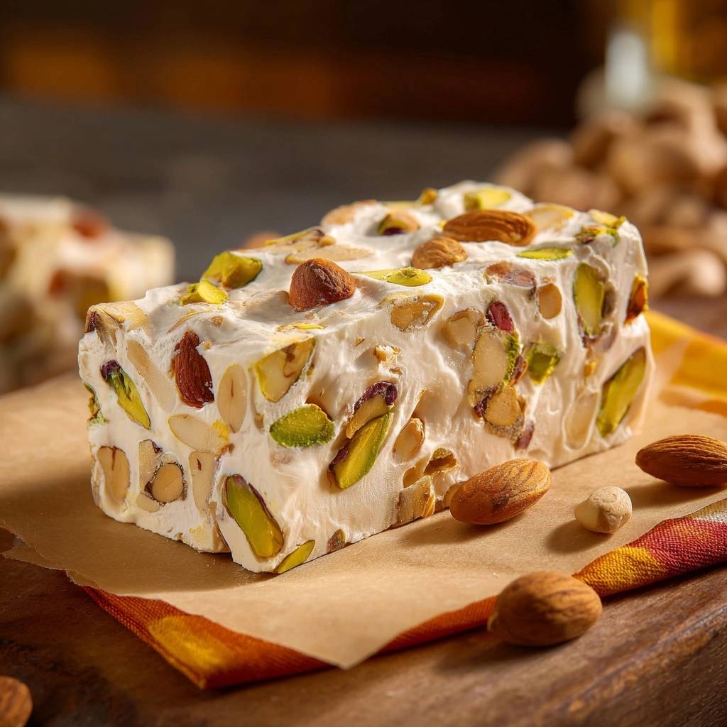 Pistazien-Mandel-Nougat in Nahaufnahme, mit einem Blick auf die Nüsse und die innere Textur. Ein köstlicher, handgemachter Leckerbissen.