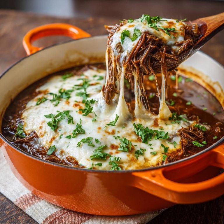 Pulled Beef mit Käsekruste mit geschmolzenem Käse, der sich vom Löffel zieht, garniert mit frischer Petersilie in einer Kochtopf.