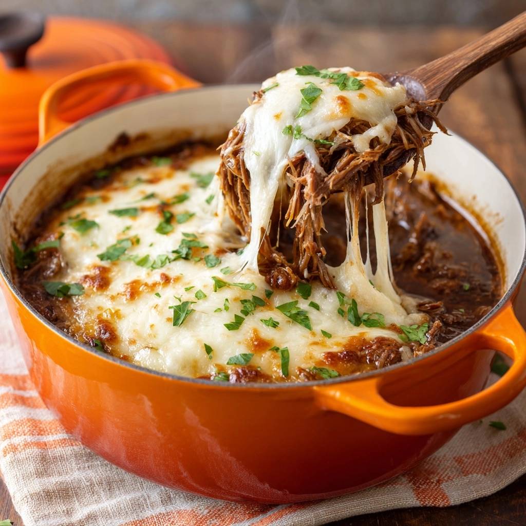 Pulled Beef Mit Kasekruste Nahaufnahme Kaese Zieht 1 Pulled Beef mit Käsekruste in Nahaufnahme: Der geschmolzene Käse zieht sich verführerisch von der Gabel. Ein deftiges Gericht.