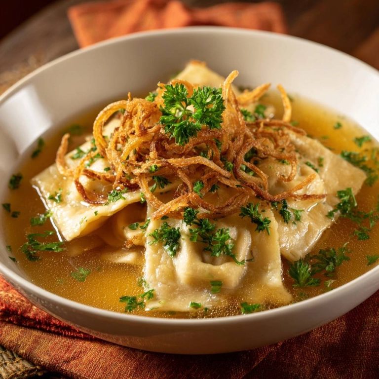 Ravioli in goldener Brühe, serviert in einer Schüssel. Die hausgemachte Pasta ist mit knusprigen Kroeselzwiebeln und frischer Petersilie garniert.