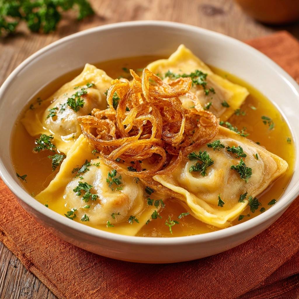 Ravioli in goldener Brühe serviert in einer weißen Schüssel, garniert mit frischer Petersilie und knusprigen Zwiebeln.