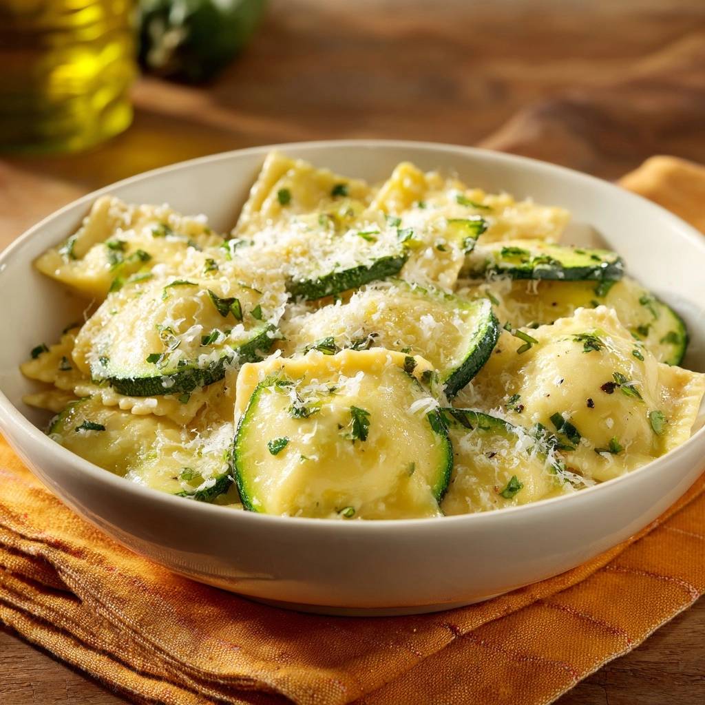 Ravioli Mit Zucchini Garniert Nahaufnahme 1 Ravioli mit Zucchini & Parmesan in einer Nahaufnahme, garniert mit frischen Kräutern und geriebenem Parmesan. Das Gericht ist in einer Schüssel serviert.