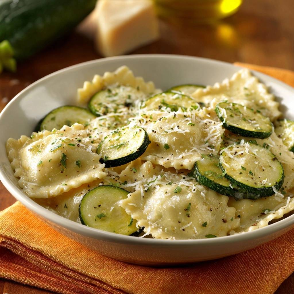Ravioli mit Zucchini und Parmesan in einer Schüssel serviert, garniert mit frischen Kräutern und köstlichem Käse. Ein einfaches Gericht für jeden Anlass.
