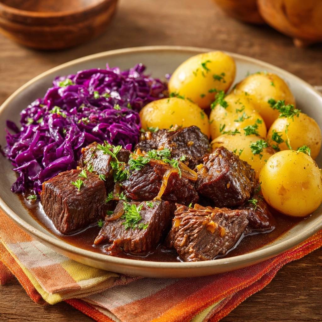 Rindergulasch mit Rotkohl und Petersilienkartoffeln serviert auf einem Teller, garniert mit frischer Petersilie und Zwiebeln.