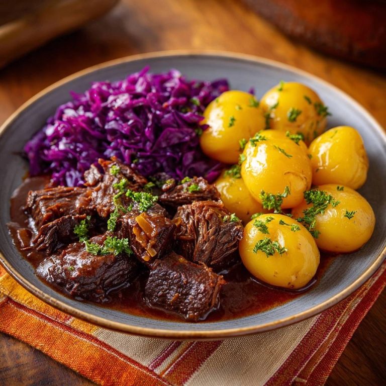 Rindergulasch mit Rotkohl und Petersilienkartoffeln serviert auf einem Teller, garniert mit frischer Petersilie und serviert als komplette Mahlzeit.