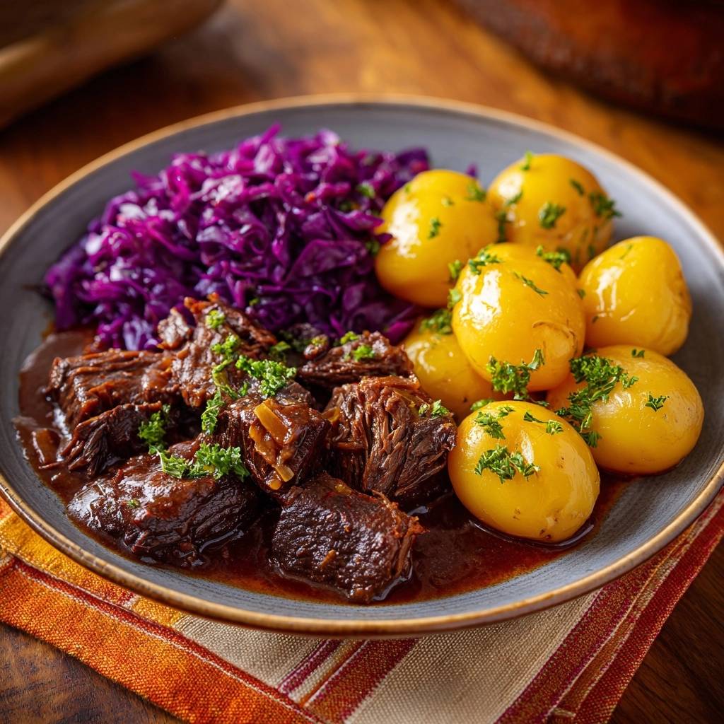Rindergulasch mit Rotkohl und Petersilienkartoffeln serviert auf einem Teller, garniert mit frischer Petersilie und serviert als komplette Mahlzeit.