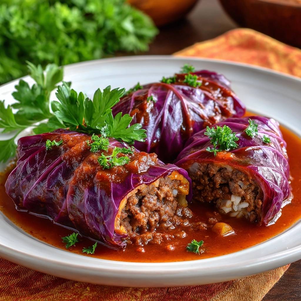 Roter Kohl Rouladen Angeschnitten 1 Saftige Roter-Kohl-Rouladen mit Hackfüllung, eine Roulade angeschnitten und gefüllt mit Hackfleisch und Reis.