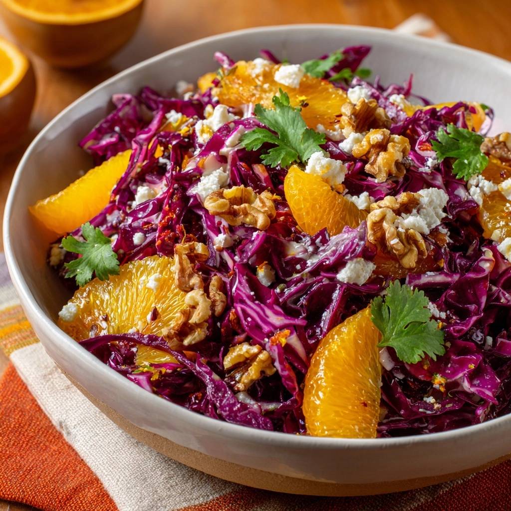 Rotkohl Orangen Salat Mit Walnussen Feta Nahaufnahme 1 Rotkohl-Orangen-Salat mit Walnüssen & Feta in Nahaufnahme, garniert mit frischer Koriander und Walnüssen, serviert in einer weißen Schüssel.