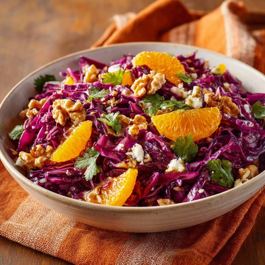 Rotkohl-Orangen-Salat mit Walnüssen & Feta in einer Schüssel serviert, garniert mit Orangenstücken, Walnüssen und frischem Koriander.