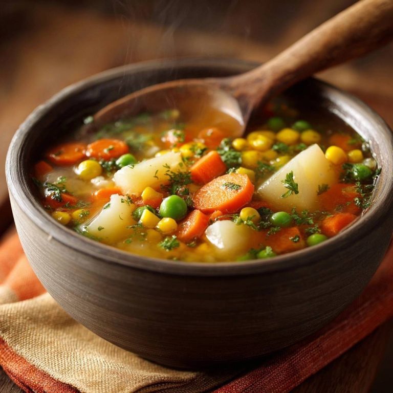 Rustikale Gemüsesuppe mit Karotten, Erbsen & Mais in einer Schüssel mit einem Holzlöffel, dampfend und mit frischer Petersilie garniert.