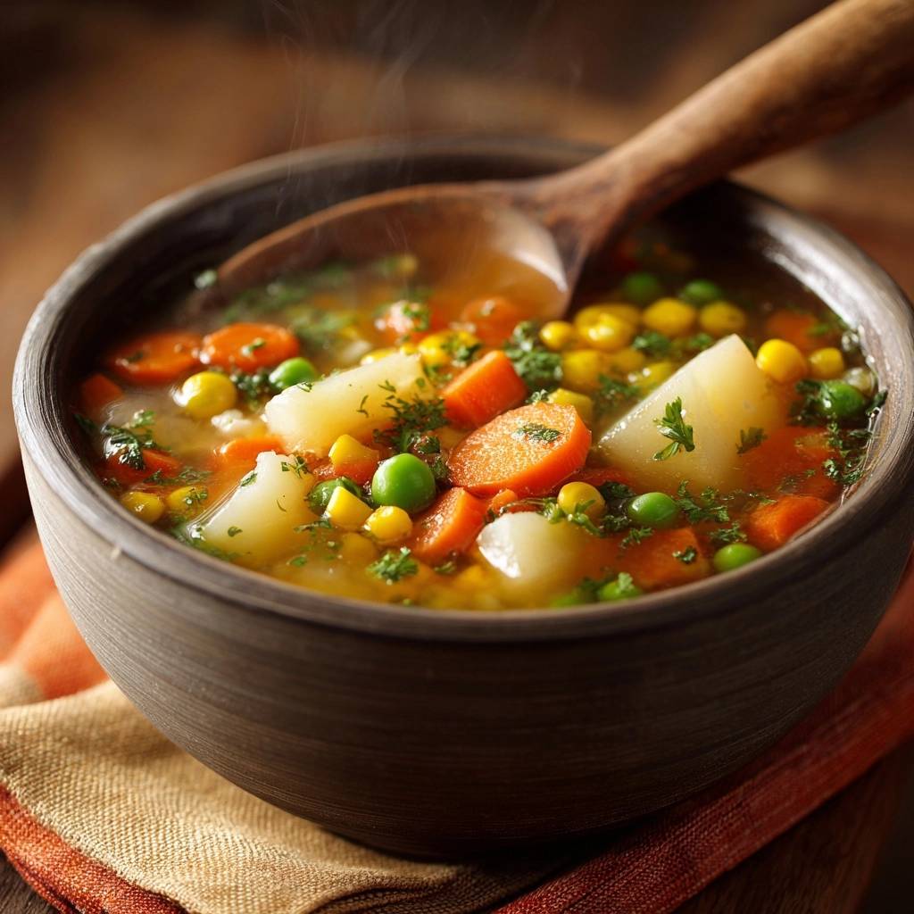 Rustikale Gemüsesuppe mit Karotten, Erbsen & Mais in einer Schüssel mit einem Holzlöffel, dampfend und mit frischer Petersilie garniert.