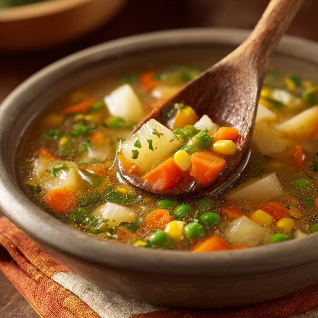 Rustikale Gemüsesuppe mit Karotten, Erbsen & Mais, die aus einem Holzkochlöffel in die Schüssel geschöpft wird.