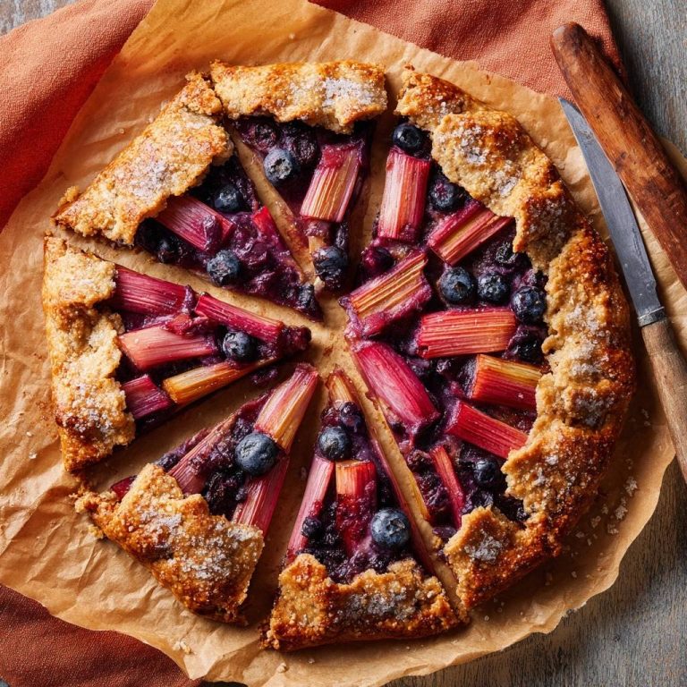 Rustikale Rhabarber-Blaubeer-Galette, angeschnitten und von oben gesehen, mit frisch gebackenem, knusprigem Teig und saftigen Blaubeeren.
