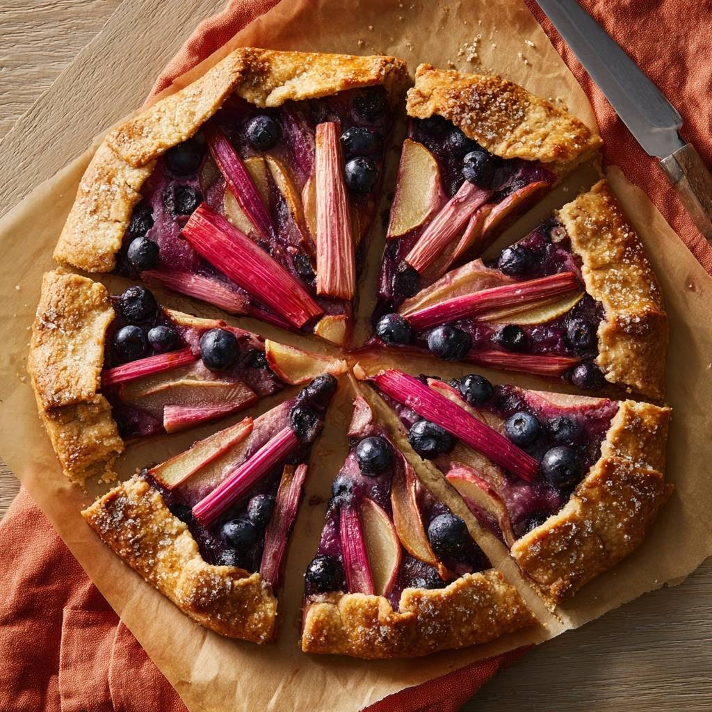 Rustikale Rhabarber-Blaubeer-Galette, serviert und in sechs Stücke geschnitten, zeigt eine Nahaufnahme der fruchtigen Füllung.