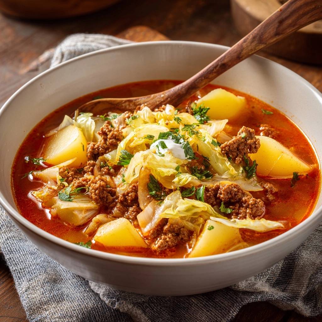 Rustikales Hackfleisch-Gulasch mit Weißkohl und Kartoffeln serviert in einer cremefarbenen Schüssel, garniert mit frischer Petersilie und einem Klecks Sauerrahm.