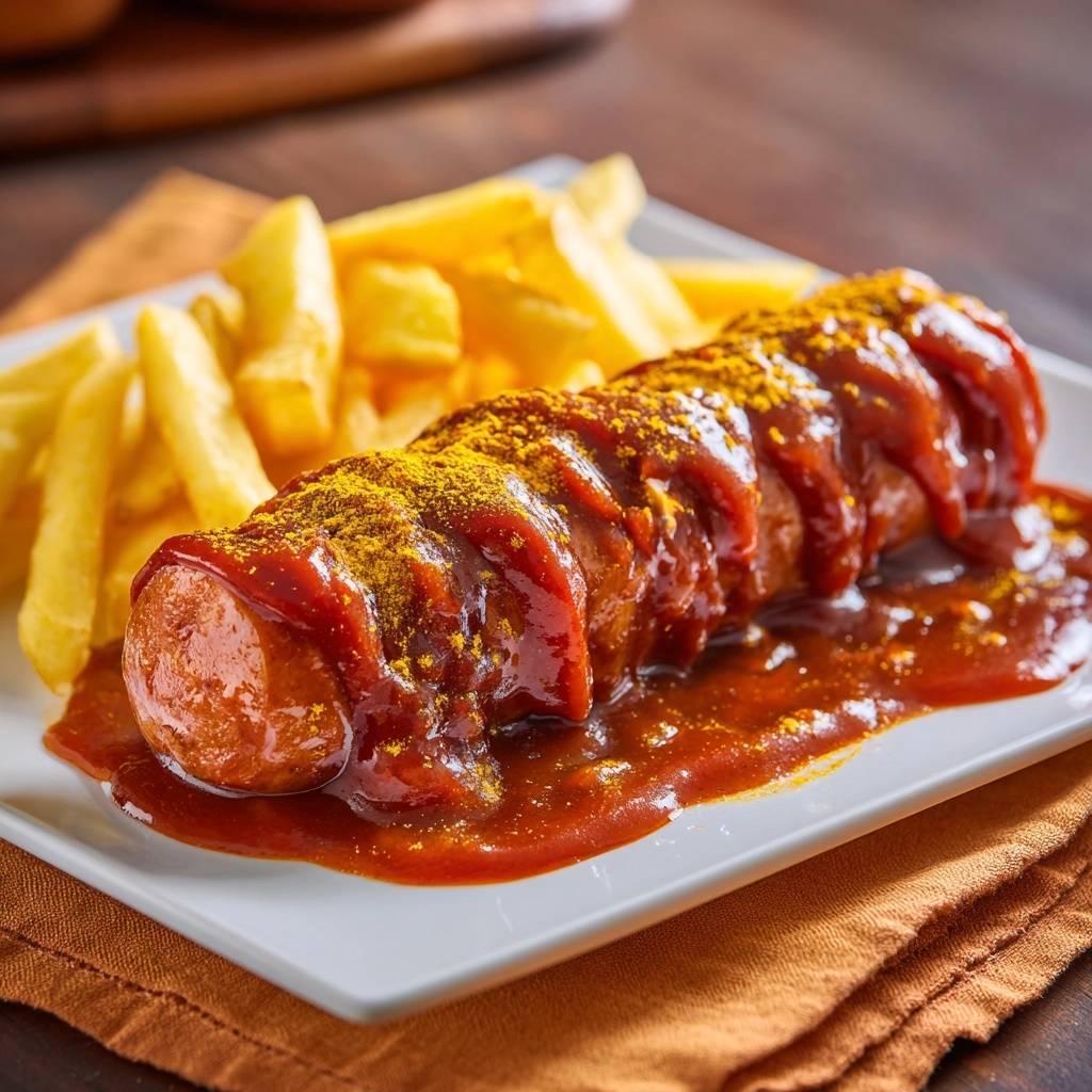 Saftige Curry-BBQ-Wurst mit Pommes, serviert auf einem weißen Teller, bedeckt mit Currypulver und BBQ-Sauce, mit knusprigen Pommes Frites.