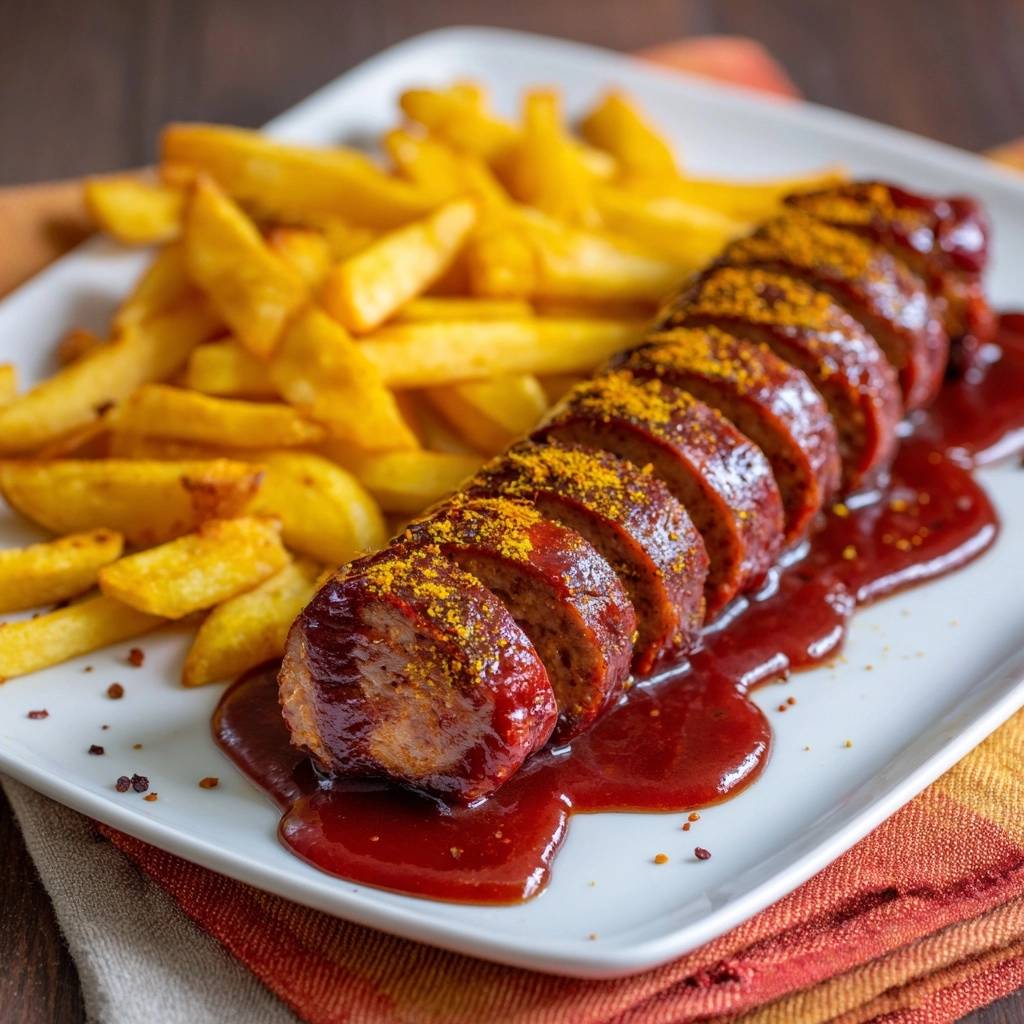 Saftige Curry-BBQ-Wurst mit Pommes, serviert auf einem weißen Teller, leuchtet mit Curry-Pulver. Daneben liegen goldbraune Pommes frites.