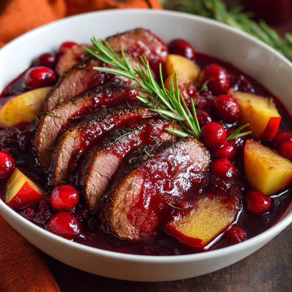 Saftige Ente Mit Preiselbeer Apfel Sosse Serviert 1 Saftige Ente mit Preiselbeer-Apfel-Soße serviert in einer weißen Schüssel, garniert mit frischem Rosmarin und Cranberries.