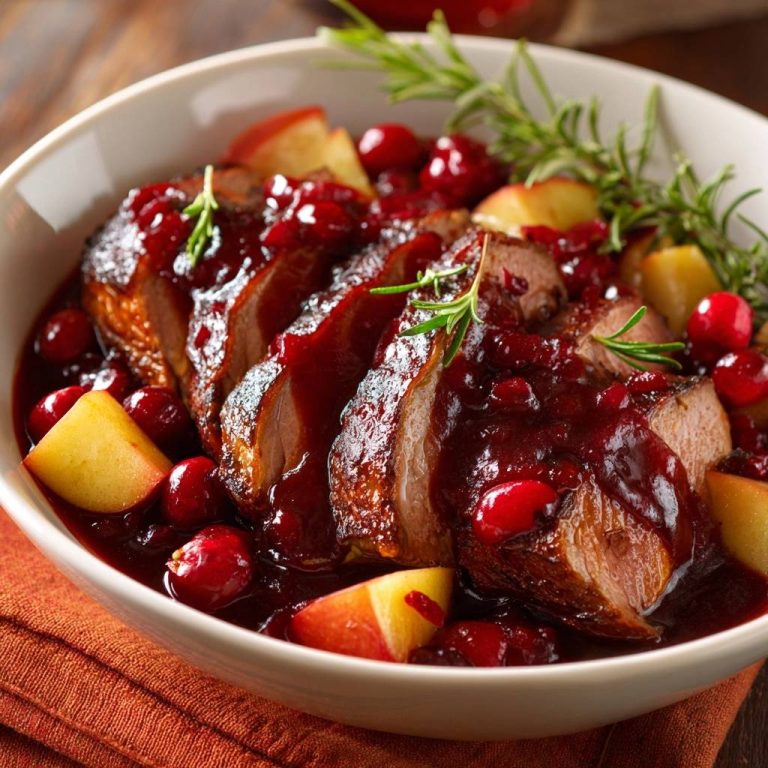 Saftige Ente mit Preiselbeer-Apfel-Soße serviert in einer Schüssel mit frischen Cranberries, Apfelstücken und Rosmarinzweigen.