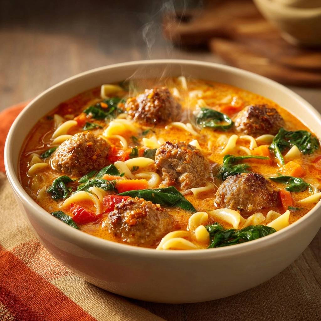 Saftige Fleischbällchen in cremiger Gemüsesuppe mit Fusilli & Spinat in einer Nahaufnahme, die Dampf aufsteigen lässt. Die warme Suppe ist perfekt für den Winter.