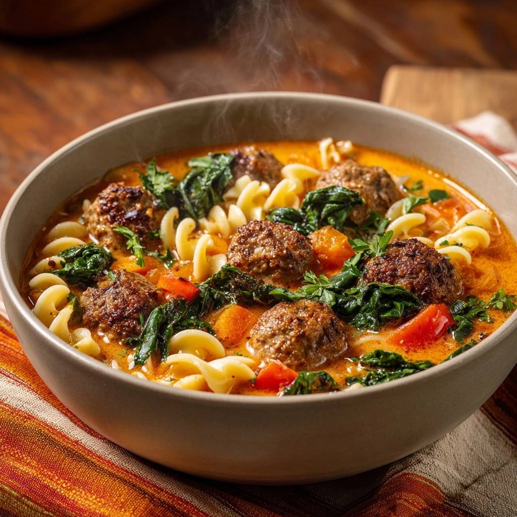 Saftige Fleischbällchen in cremiger Gemüsesuppe mit Fusilli und Spinat, serviert in einer Schüssel, mit Dampf, der von der heißen Suppe aufsteigt.
