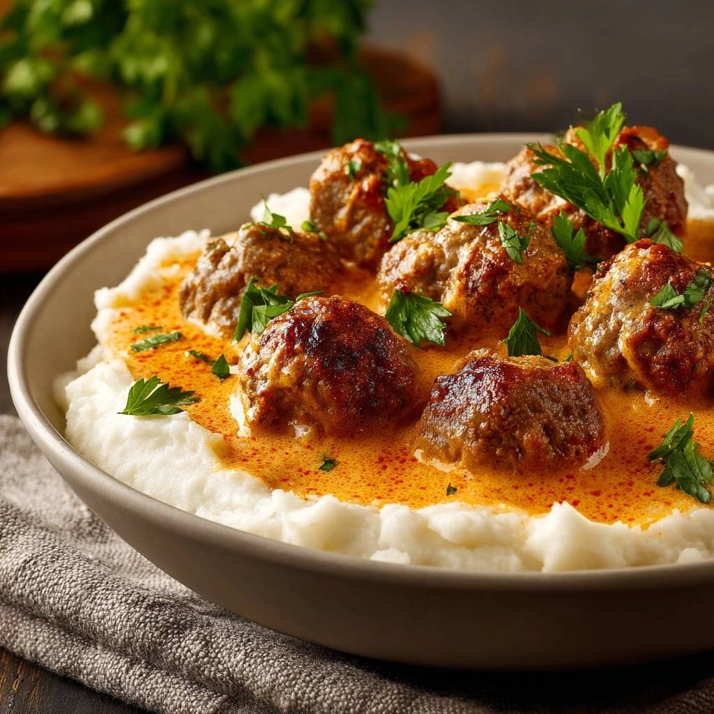 Saftige Fleischbällchen in Paprika-Sauce mit Püree in einer Nahaufnahme, serviert in einer cremigen Soße und mit frischer Petersilie garniert.