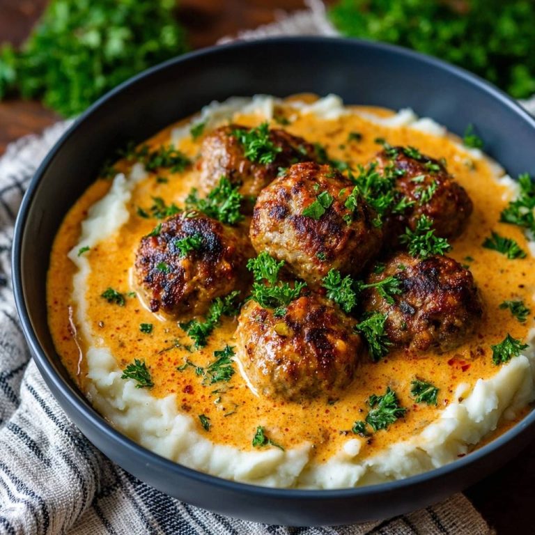 Saftige Fleischbällchen in Paprika-Sauce mit Püree, serviert in einer dunklen Schüssel, garniert mit frischer Petersilie und von oben betrachtet.