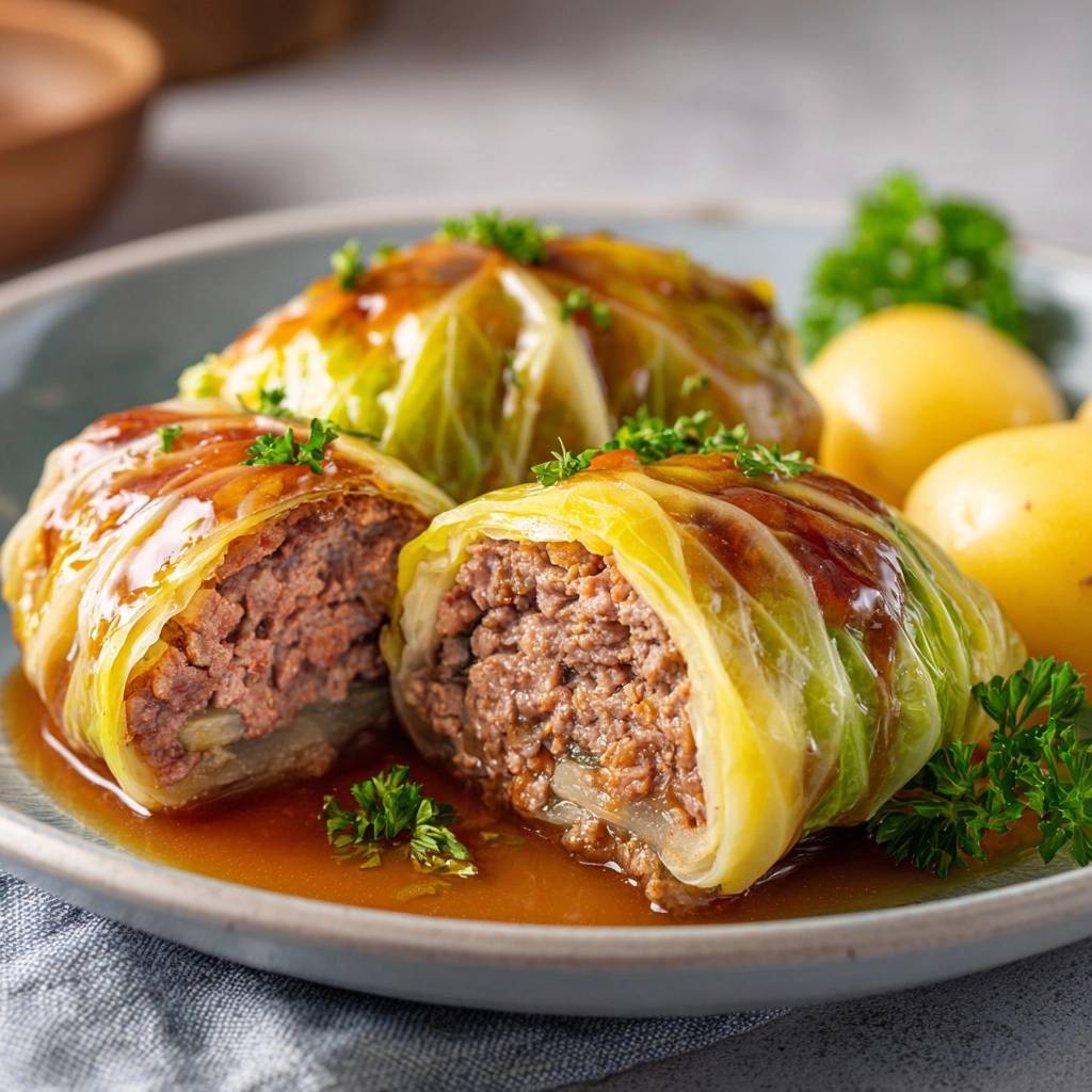 Saftige Kohlrouladen mit Kartoffeln im Querschnitt, die das herzhafte Fleisch und die reichhaltige Soße zeigen, serviert mit Kartoffeln.