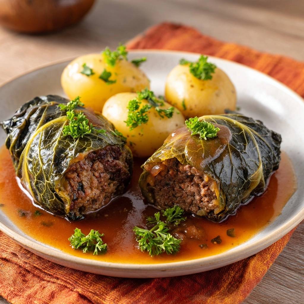 Saftige Kohlrouladen Mit Kartoffeln Querschnitt 1 Saftige Kohlrouladen mit Kartoffeln, serviert auf einem Teller. Die Nahaufnahme zeigt den saftigen Fleischkern im Querschnitt, umgeben von Kohlblättern.