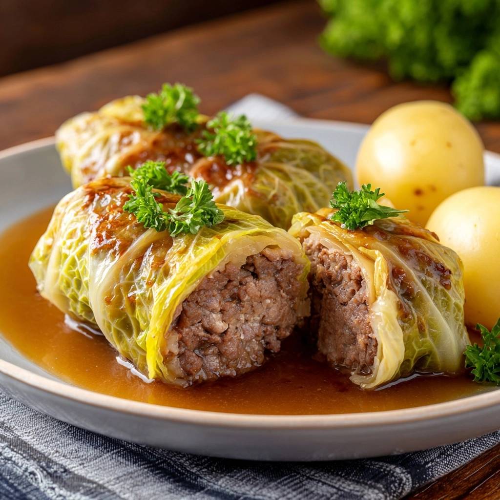 Saftige Kohlrouladen mit Kartoffeln präsentiert einen appetitlichen Querschnitt, der die fleischige Füllung und die zarten Kohlblätter zeigt. Dazu werden Kartoffeln serviert.