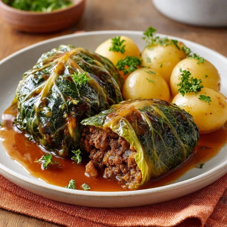 Saftige Kohlrouladen mit Kartoffeln, serviert mit Kartoffeln und Soße, mit einem Anschnitt, der die fleischige Füllung zeigt.