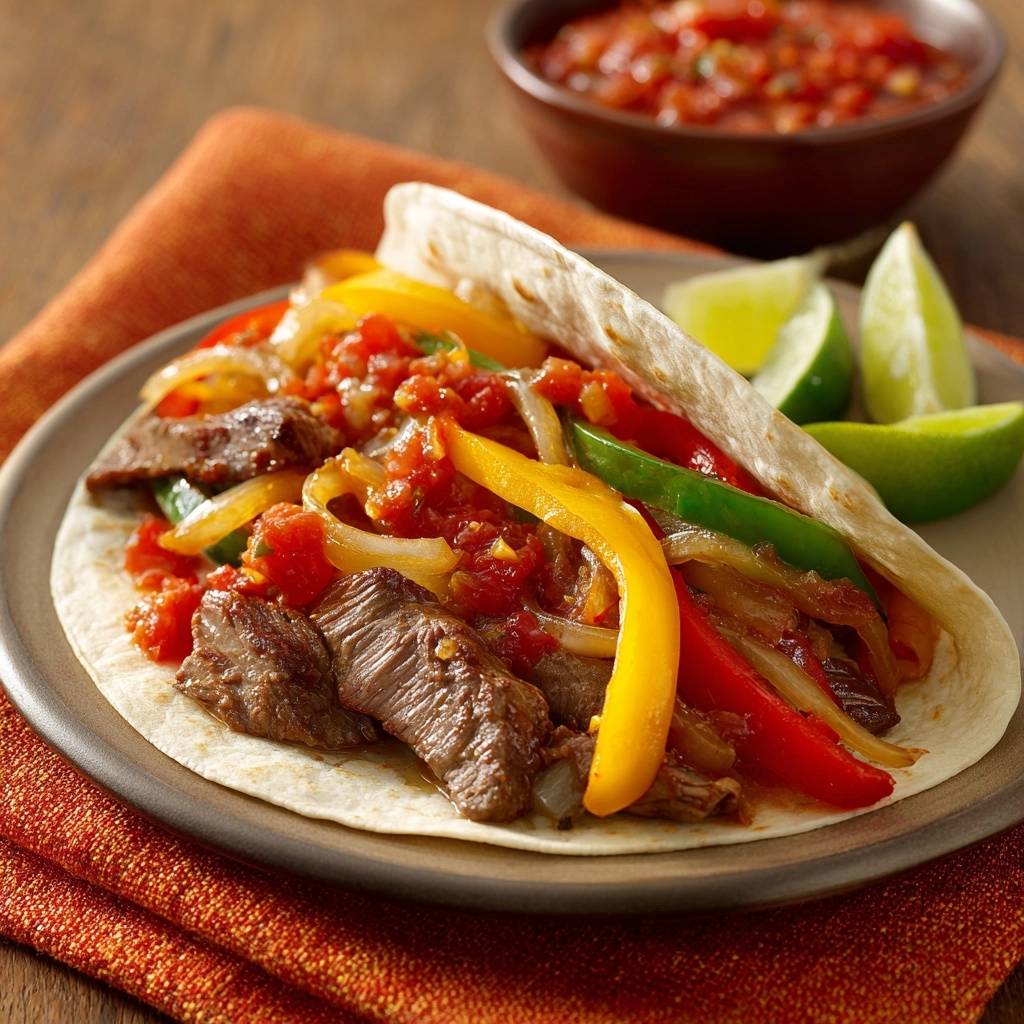 Saftige Rindfleisch Fajitas Serviert 1 Saftige Rindfleisch-Fajitas serviert auf einem Teller mit Limetten und Salsa, bereit zum Genießen. Köstliches Fajita-Essen.