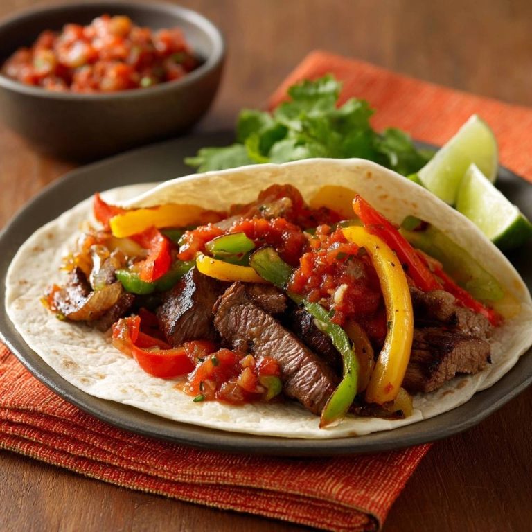 Saftige Rindfleisch-Fajitas serviert auf einem Teller mit Salsa, Limetten und Koriander. Das Gericht ist in einem Weizen-Tortilla-Wrap angerichtet.