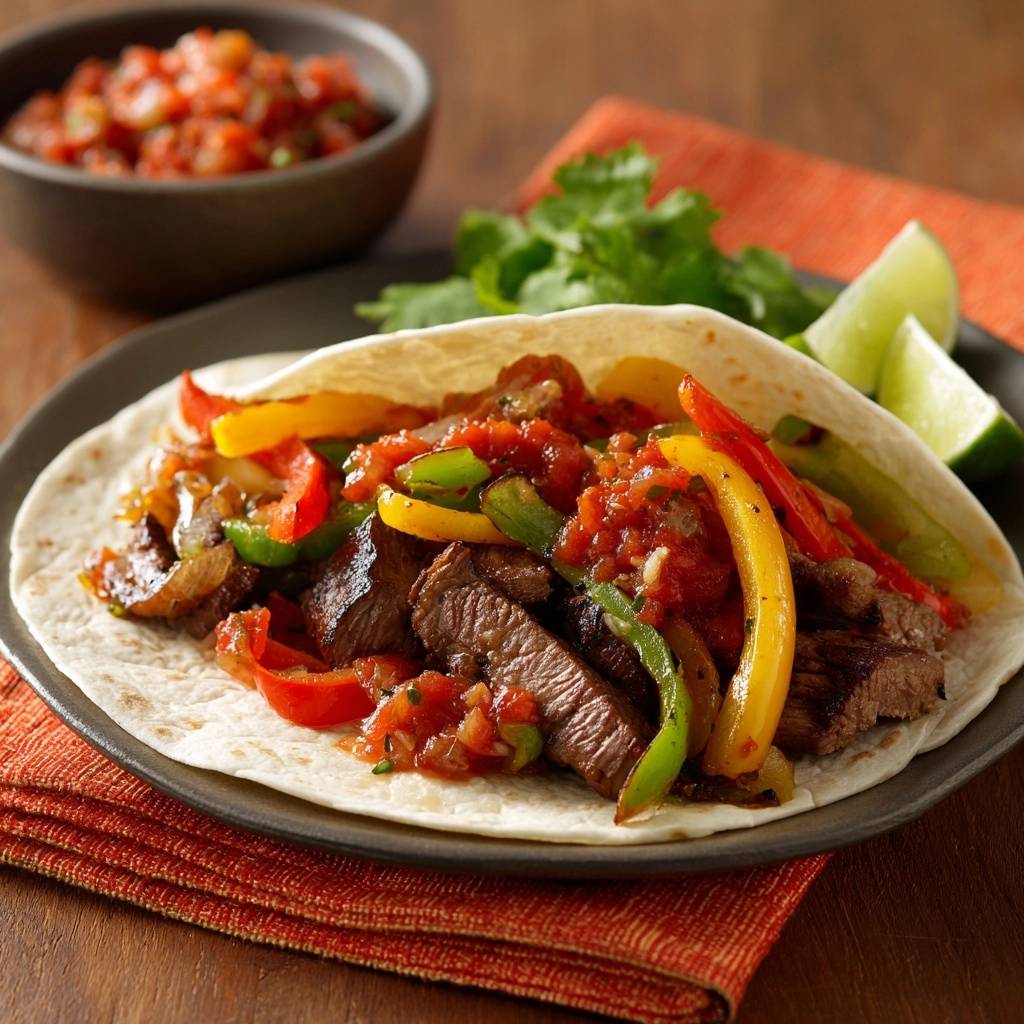 Saftige Rindfleisch-Fajitas serviert auf einem Teller mit Salsa, Limetten und Koriander. Das Gericht ist in einem Weizen-Tortilla-Wrap angerichtet.