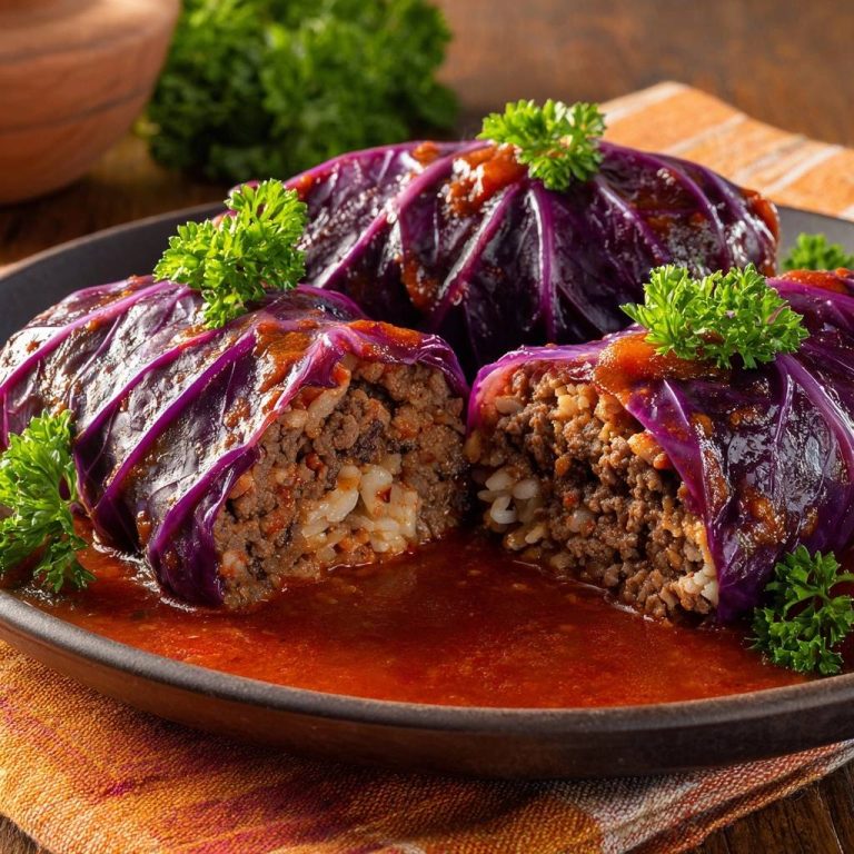 Saftige Roter-Kohl-Rouladen mit Hackfüllung im Nahaufnahme-Querschnitt, der die saftige Hackfleisch-Reis-Füllung zeigt, serviert auf einem Teller.