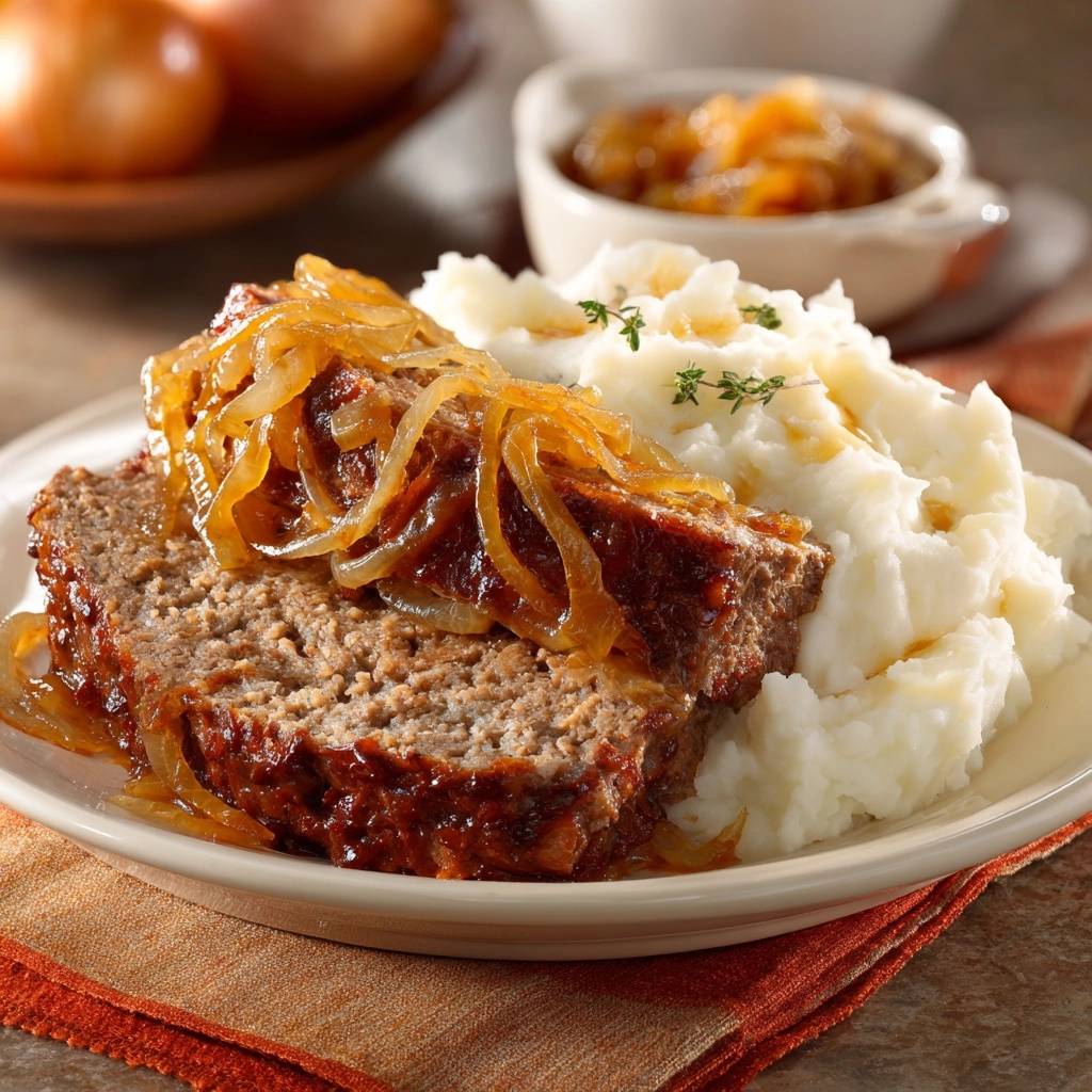 Saftiger Hackbraten mit karamellisierten Zwiebeln serviert auf einem Teller neben cremigem Kartoffelpüree und Zwiebelsauce.
