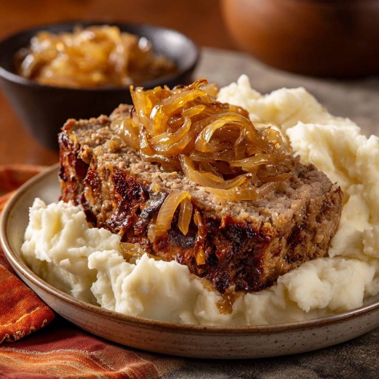 Saftiger Hackbraten mit karamellisierten Zwiebeln serviert auf cremigem Kartoffelpüree, ein herzhaftes Gericht, das zum Genießen einlädt.