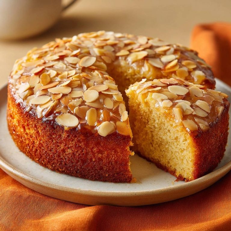 Saftiger Honig-Mandel-Kuchen mit einem herausgeschnittenen Stück, das die saftige Innenansicht des Kuchens zeigt, serviert auf einem Teller.