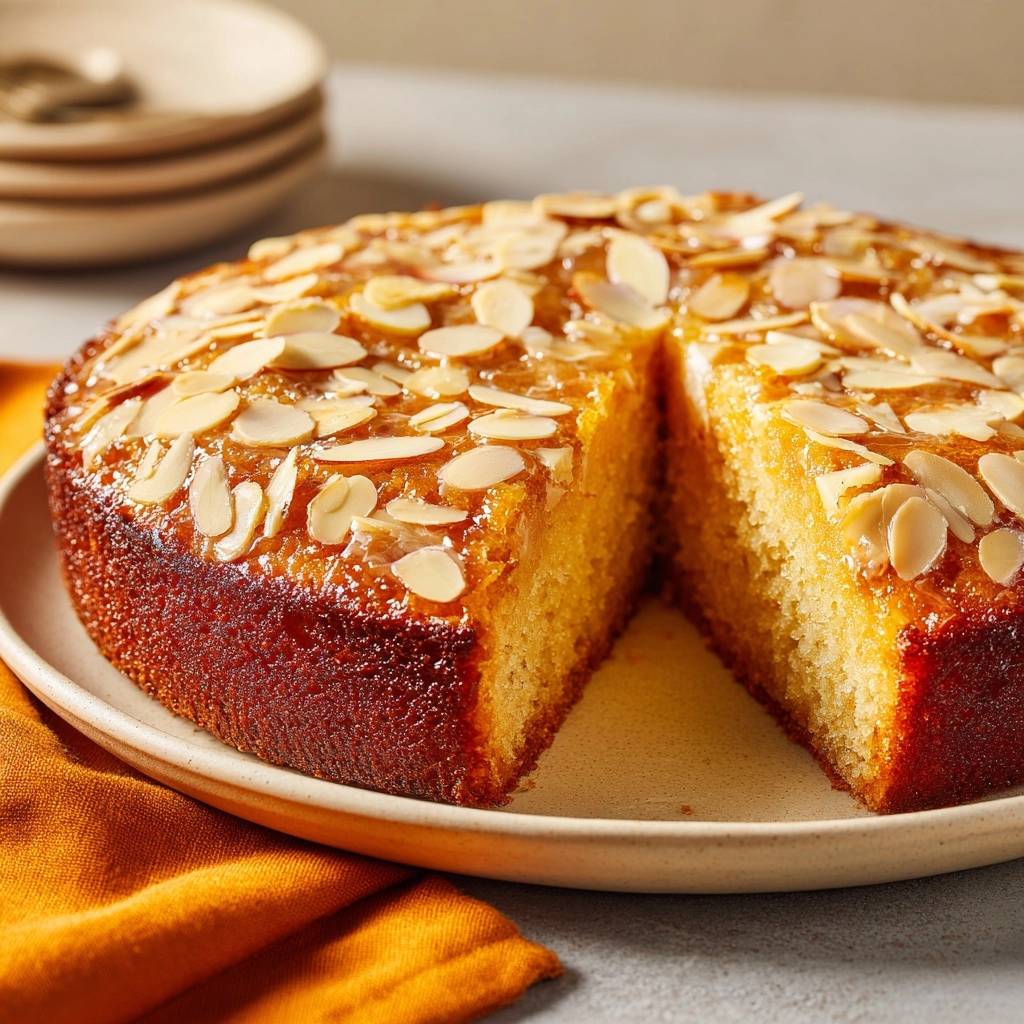 Saftiger Honig Mandel Kuchen Querschnitt Angeschnitten 1 Saftiger Honig-Mandel-Kuchen mit Mandelsplittern und Honigglasur, angeschnitten, um die saftige Textur des Kuchens zu zeigen.