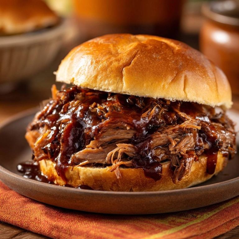 Saftiger Pulled Beef Burger in Nahaufnahme, üppig belegt mit geschmortem Rindfleisch und reichlich BBQ-Soße, serviert auf einem Brioche-Brötchen.
