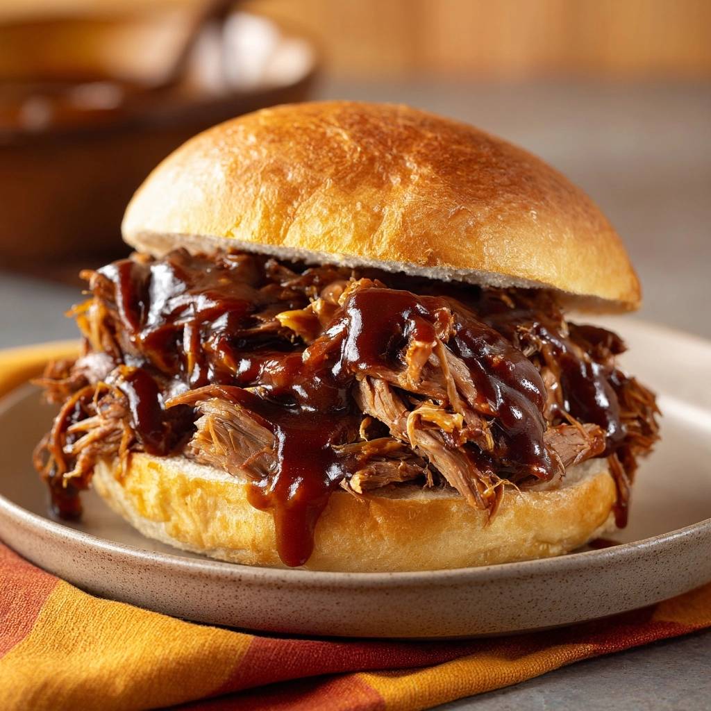 Saftiger Pulled Beef Burger in Nahaufnahme mit reichlich Sauce, die auf dem Brötchen herunterläuft. Der Burger liegt auf einem Teller.