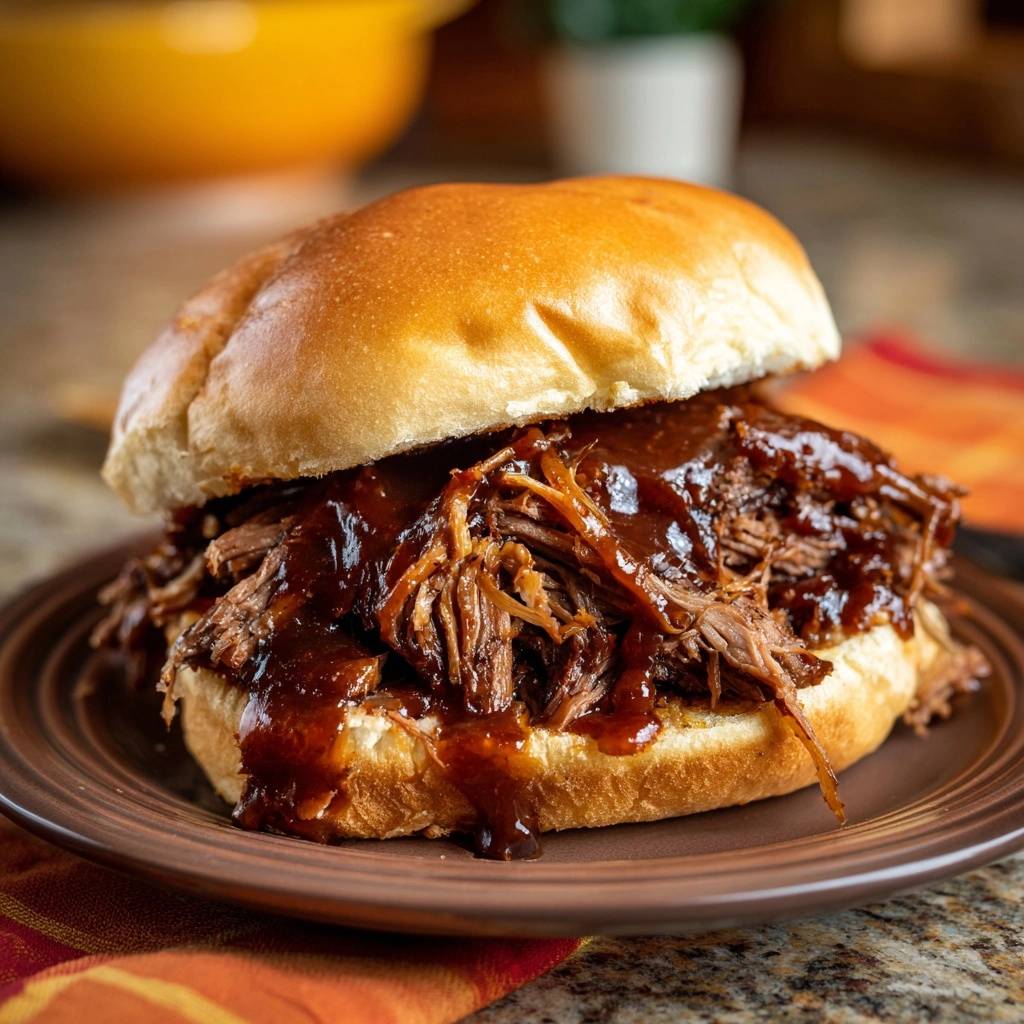 Saftiger Pulled Beef Burger Serviert 1 2 Saftiger Pulled Beef Burger, serviert auf einem Teller, mit reichlich Sauce und zartem, zerzupftem Rindfleisch.
