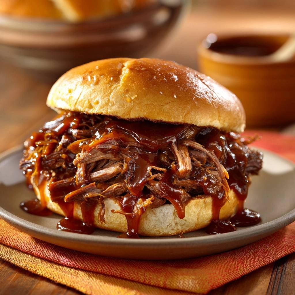 Saftiger Pulled Beef Burger Serviert 1 Saftiger Pulled Beef Burger serviert auf einem Teller, überzogen mit reichlich BBQ-Sauce, bereit zum Genießen.