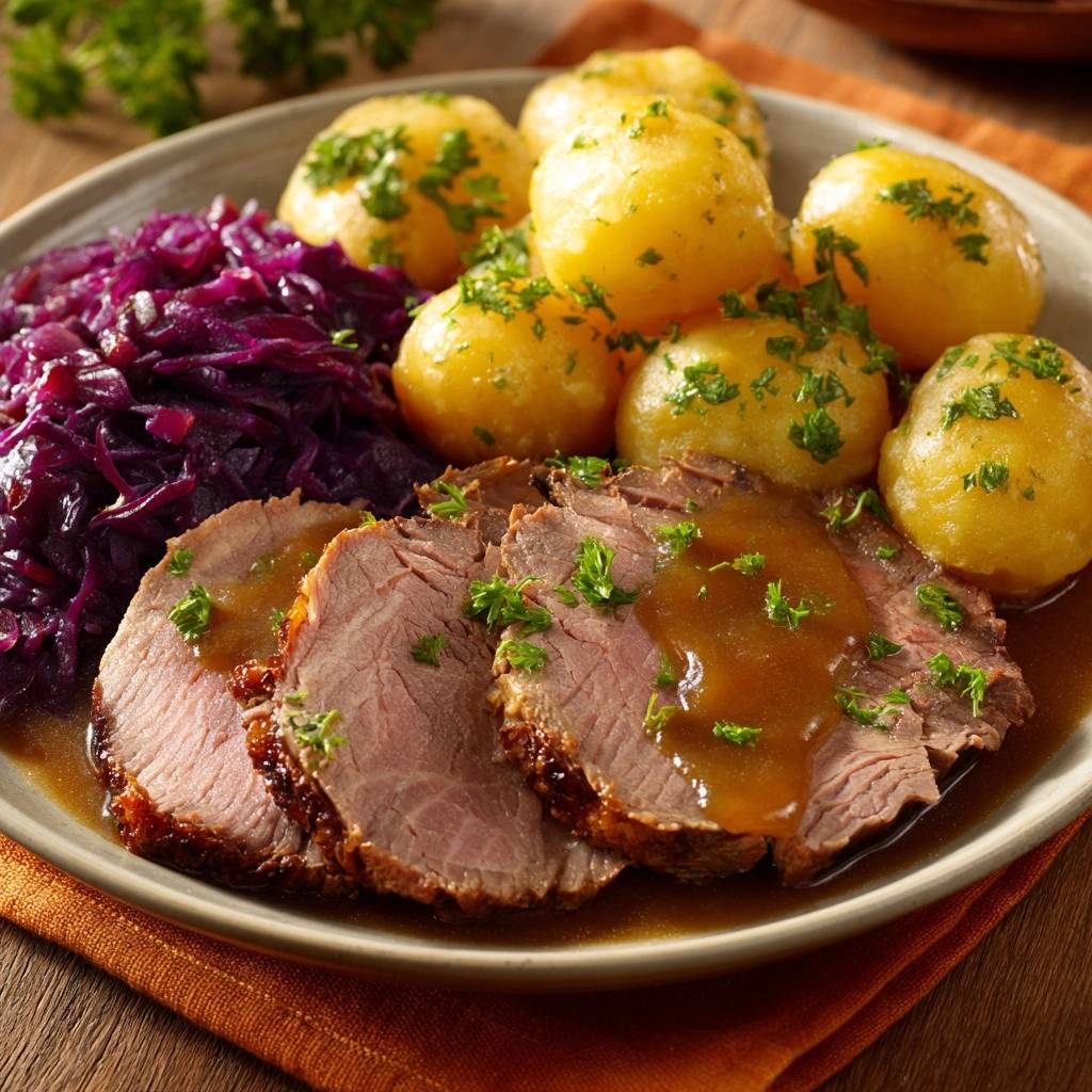 Saftiger Rinderbraten Mit Rotkohl Serviert 1 Saftiger Rinderbraten mit Rotkohl, serviert auf einem Teller mit Petersilienkartoffeln und frischer Soße, ein klassisches deutsches Gericht.