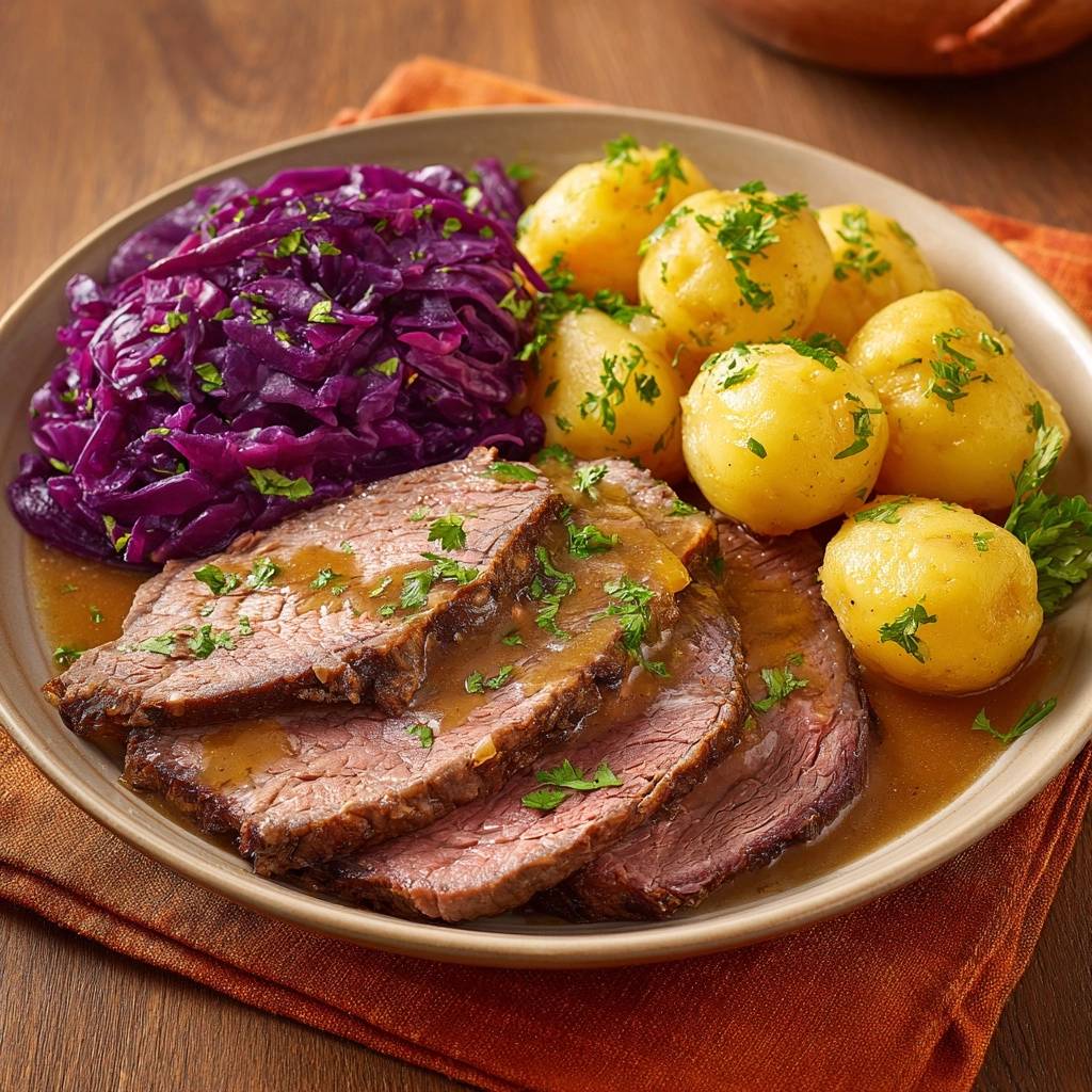 Saftiger Rinderbraten mit Rotkohl und Petersilienkartoffeln serviert auf einem Teller, garniert mit frischer Petersilie.